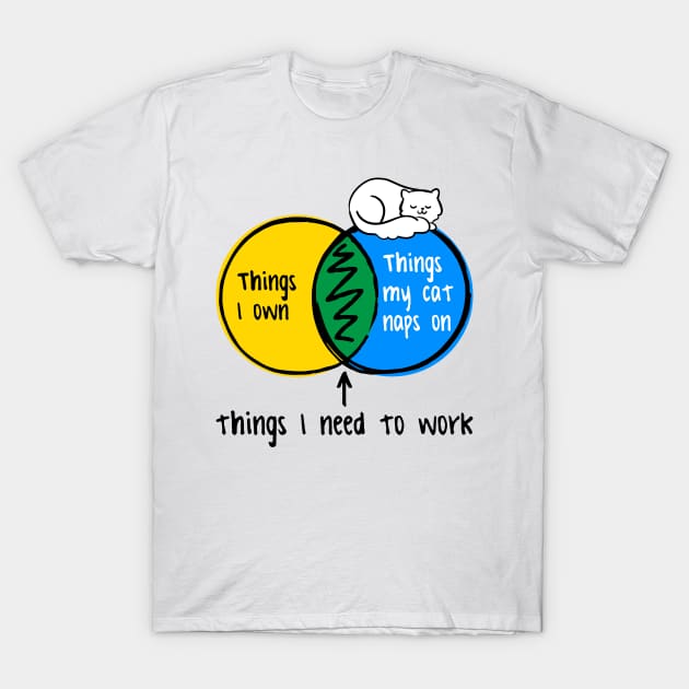 funny Venn diagram – things I need to work (things my cat naps on, things I own) T-Shirt by LiveForever